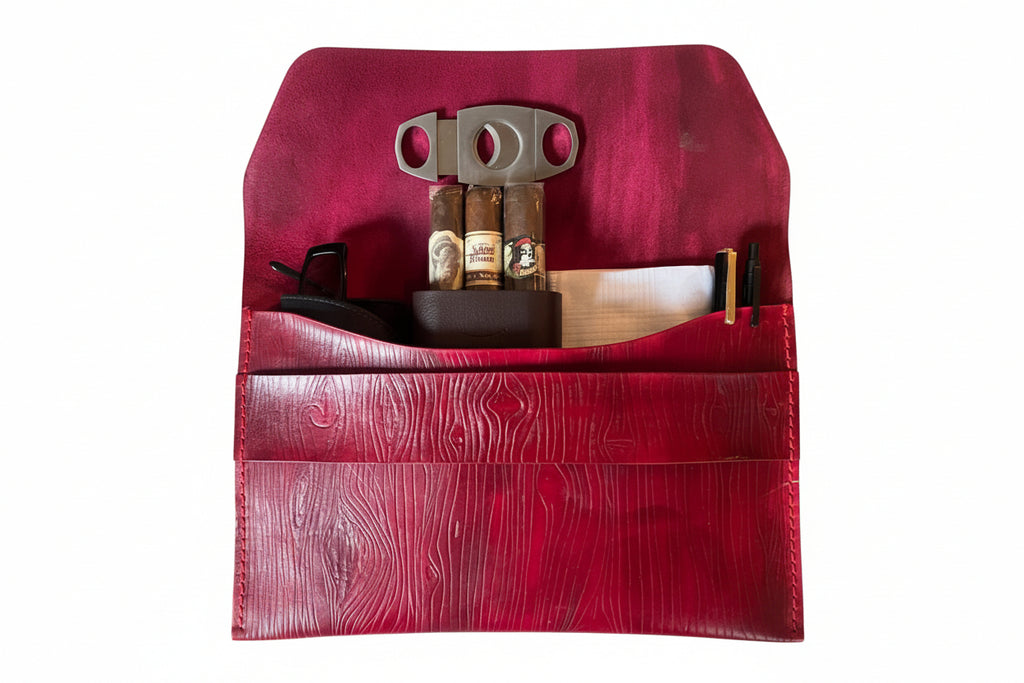 Élan No. 02: “Wine Élan No. 02 Noir leather envelope clutch, open front view.”